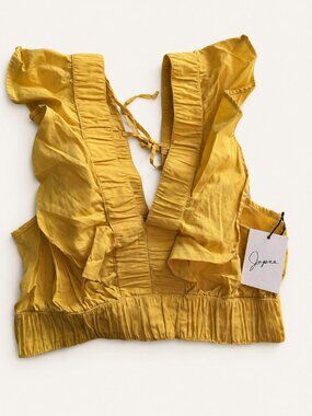 NWT Japna Yellow Ruffle Deep V Crop Top Size L
